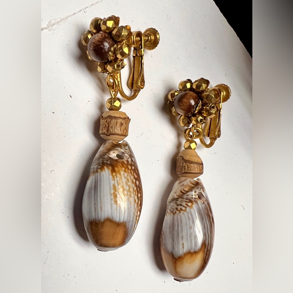 Miriam Haskell Gold and Brown Shell Screw Back Earrings